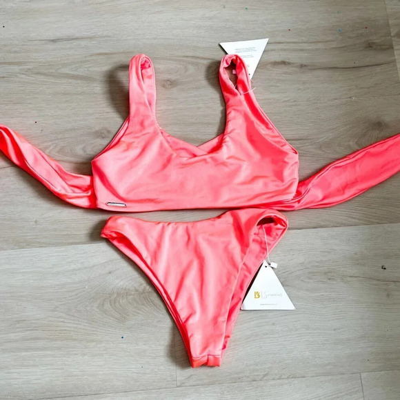 Buff Bunny Swim Bikini Set Wrap Top Cheeky Bottoms NWT Coral Pink Size Small - Picture 6 of 11